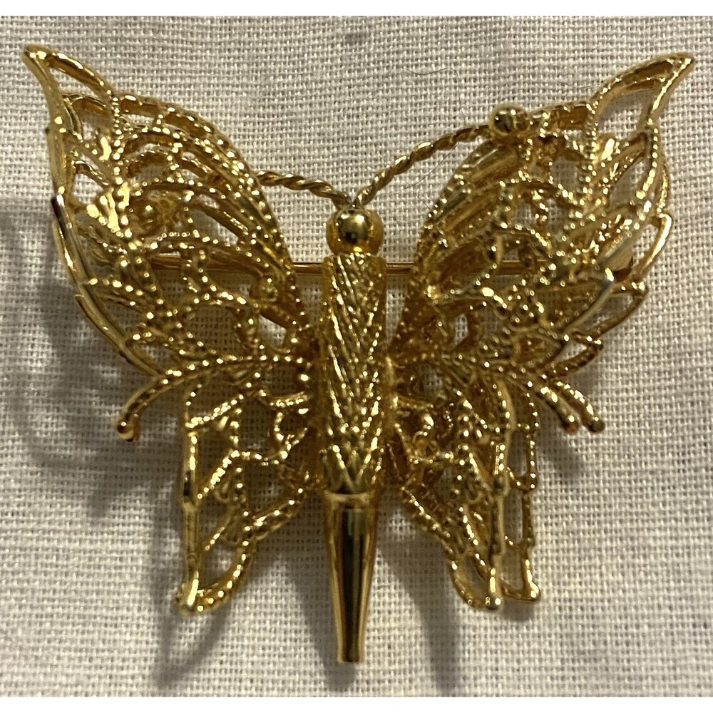 Vintage MONET Signed Gold Tone Filigree Butterfly Brooch
